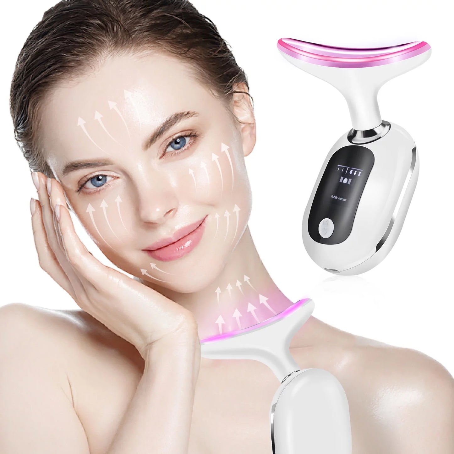 Firming Wrinkle Removal Device for Neck Face, Double Chin Reducer Machine with 45 +5℃ Heat & 3 Color Modes for Skin Care, Face Lift, Improve, Smooth and Tightening Skin, White