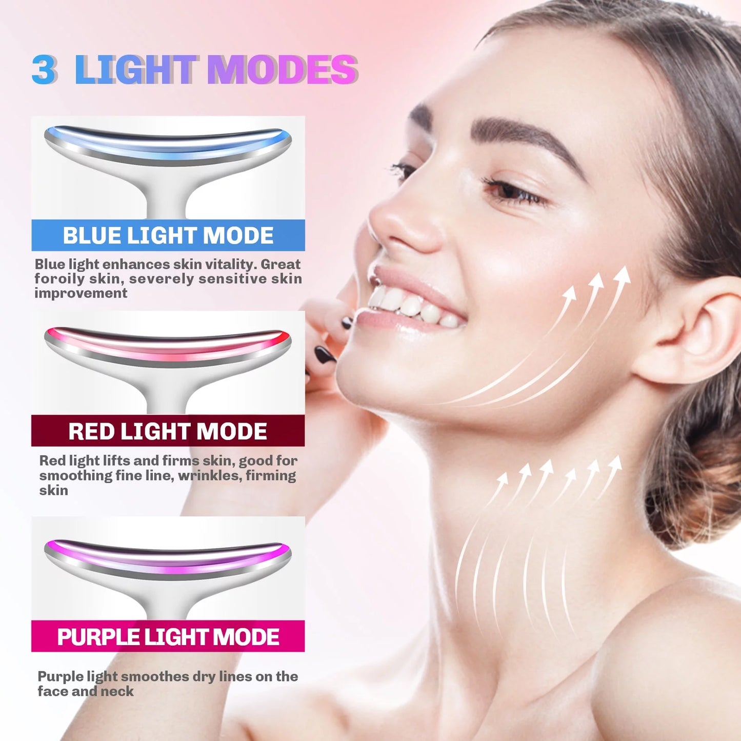 Firming Wrinkle Removal Device for Neck Face, Double Chin Reducer Machine with 45 +5℃ Heat & 3 Color Modes for Skin Care, Face Lift, Improve, Smooth and Tightening Skin, White