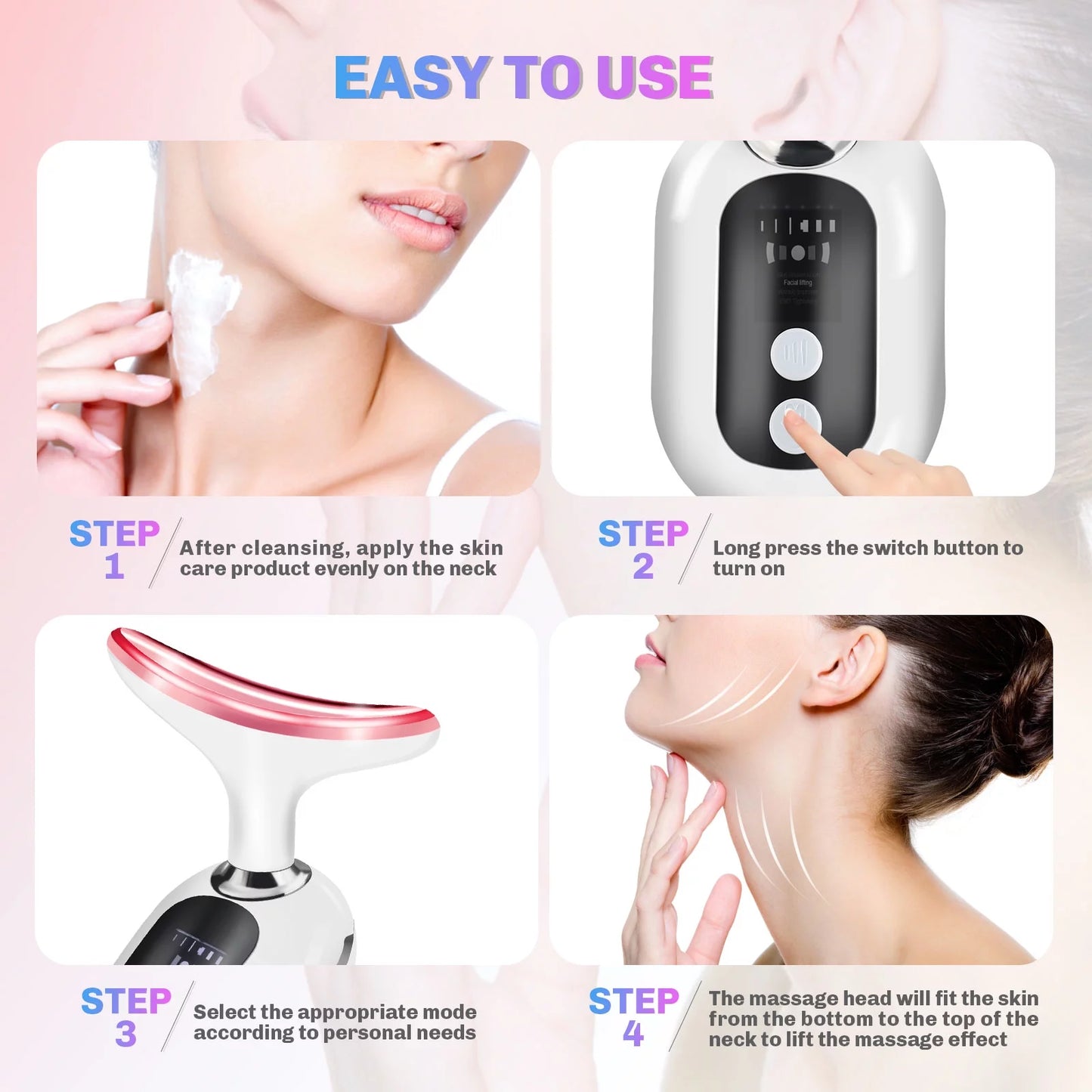 Firming Wrinkle Removal Device for Neck Face, Double Chin Reducer Machine with 45 +5℃ Heat & 3 Color Modes for Skin Care, Face Lift, Improve, Smooth and Tightening Skin, White